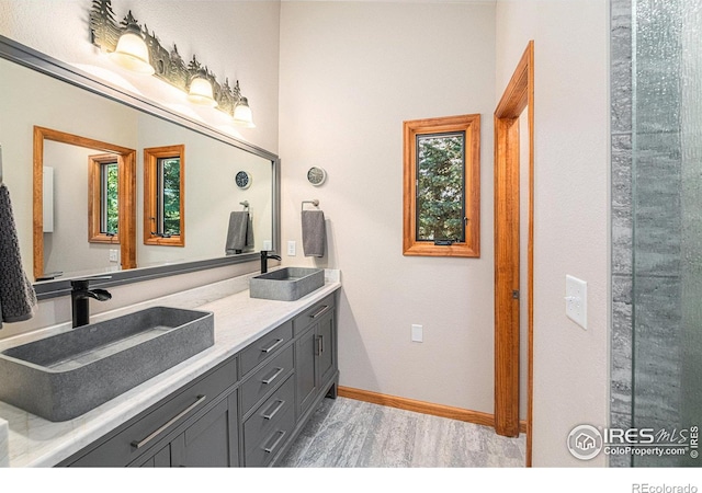 bathroom with hardwood / wood-style flooring and vanity