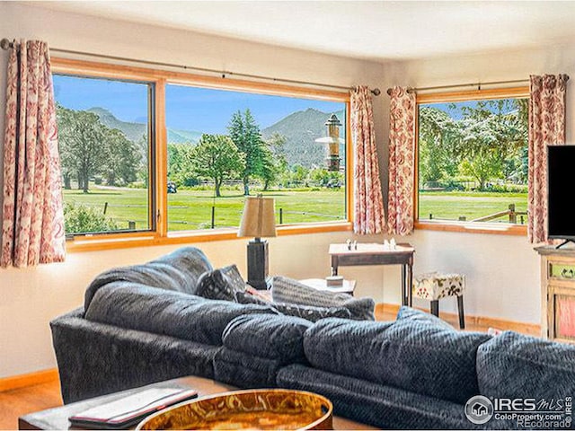 living room featuring a mountain view