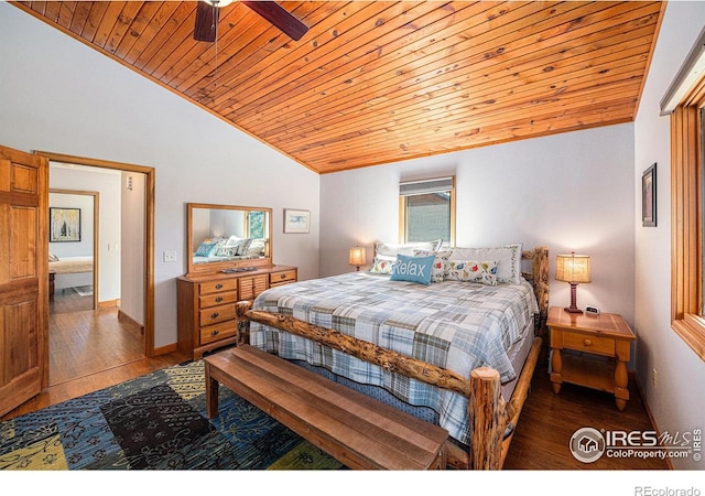 bedroom featuring wood ceiling, ceiling fan, lofted ceiling, and dark hardwood / wood-style flooring