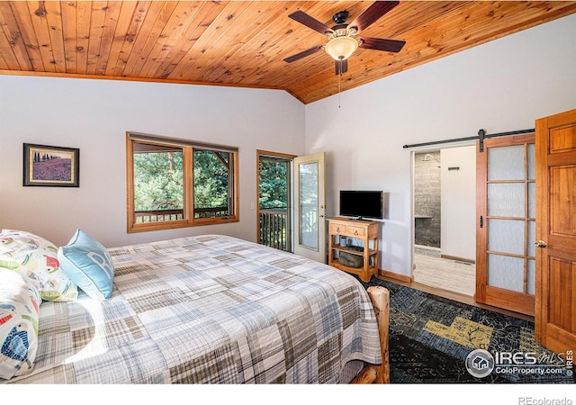 bedroom with ceiling fan, a barn door, vaulted ceiling, and wooden ceiling