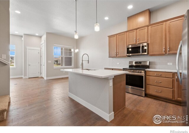 kitchen featuring stainless steel appliances, decorative backsplash, hardwood / wood-style floors, sink, and a center island with sink