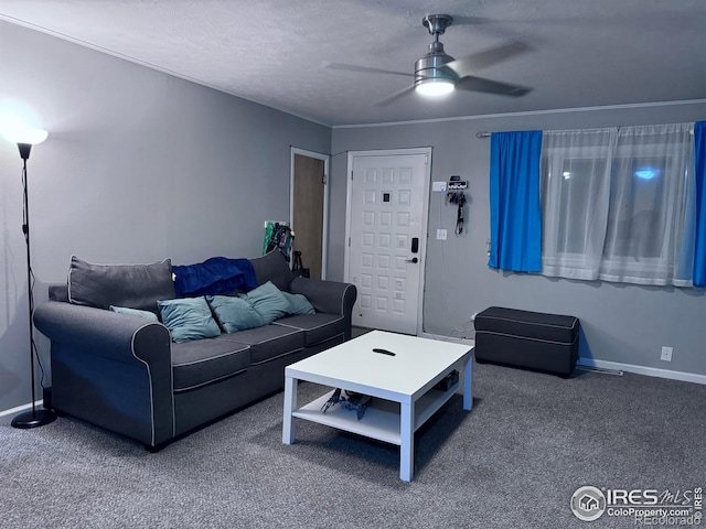 carpeted living area with a ceiling fan, a textured ceiling, and baseboards