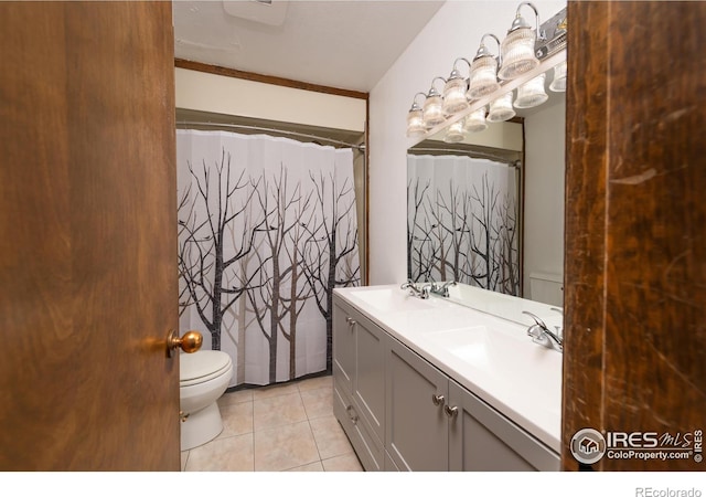 bathroom featuring vanity, toilet, and tile patterned flooring