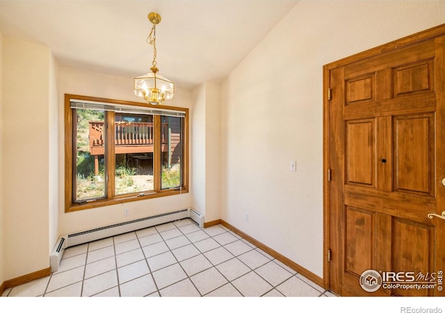 unfurnished dining area with a notable chandelier, light tile patterned floors, and a baseboard radiator