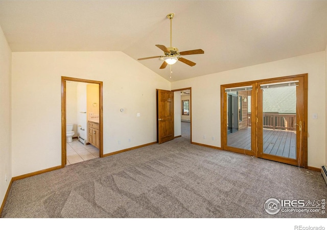 unfurnished bedroom with access to outside, vaulted ceiling, ensuite bath, ceiling fan, and light colored carpet