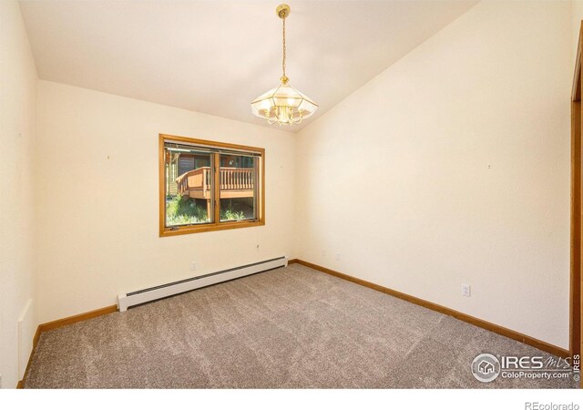 carpeted empty room featuring lofted ceiling, baseboard heating, and an inviting chandelier