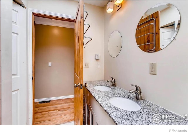 bathroom featuring hardwood / wood-style flooring and vanity