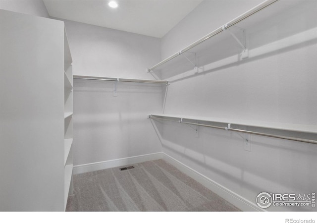 walk in closet featuring light colored carpet