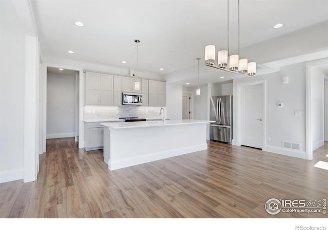 kitchen featuring light hardwood / wood-style flooring, hanging light fixtures, an island with sink, decorative backsplash, and appliances with stainless steel finishes