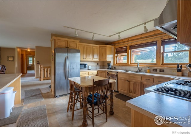 kitchen with stainless steel appliances, sink, rail lighting, light tile patterned flooring, and wall chimney exhaust hood