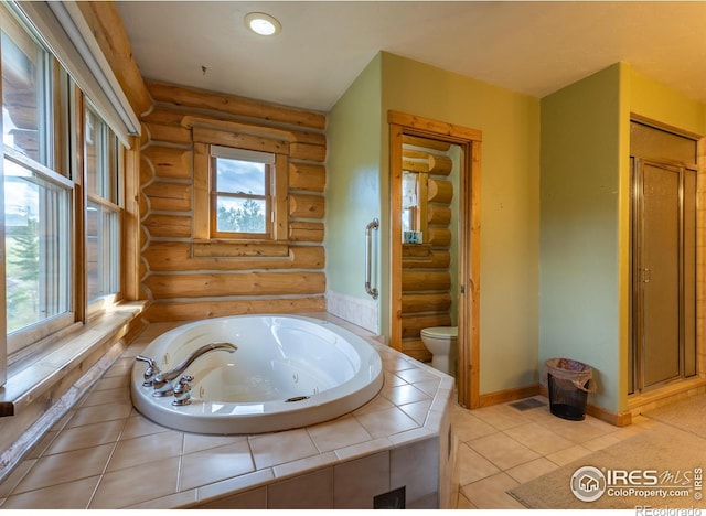 bathroom with a healthy amount of sunlight, toilet, and rustic walls