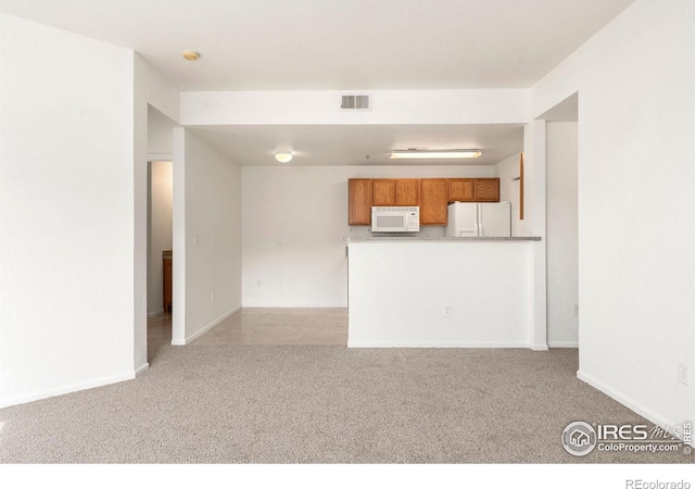 unfurnished living room featuring light colored carpet