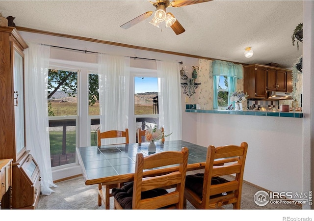 dining area featuring a textured ceiling, light colored carpet, ceiling fan, and crown molding