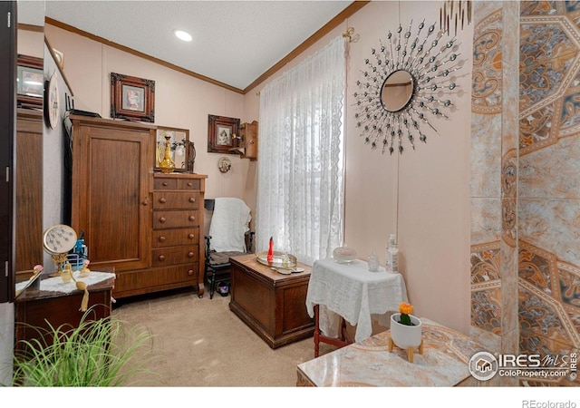 bathroom featuring a textured ceiling and crown molding