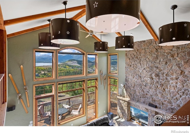 room details with a mountain view and beam ceiling