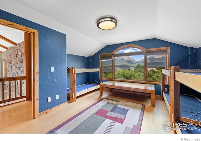 bedroom with hardwood / wood-style flooring and vaulted ceiling