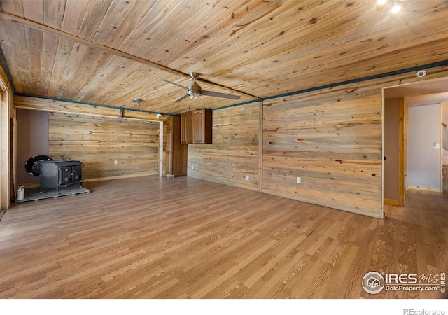 unfurnished room with a wood stove, light hardwood / wood-style flooring, wood walls, ceiling fan, and wooden ceiling