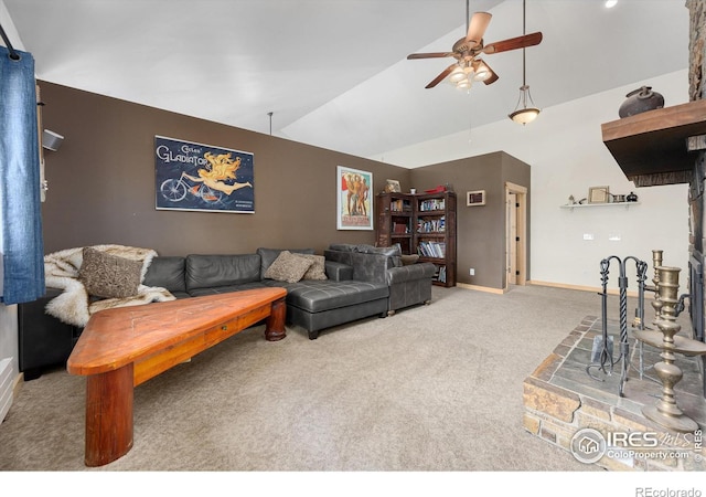 carpeted living room featuring lofted ceiling and ceiling fan