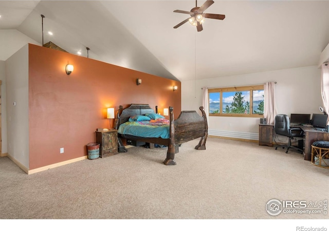 bedroom with vaulted ceiling, carpet, and ceiling fan