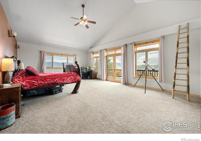 carpeted bedroom featuring french doors, ceiling fan, access to exterior, and high vaulted ceiling