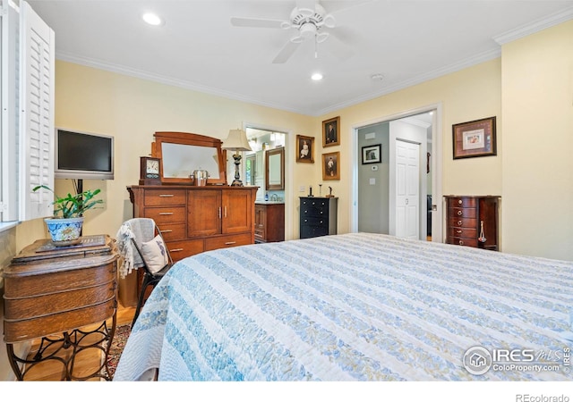 bedroom with ceiling fan and ornamental molding