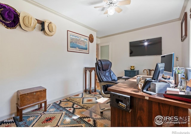 office space featuring ceiling fan and ornamental molding