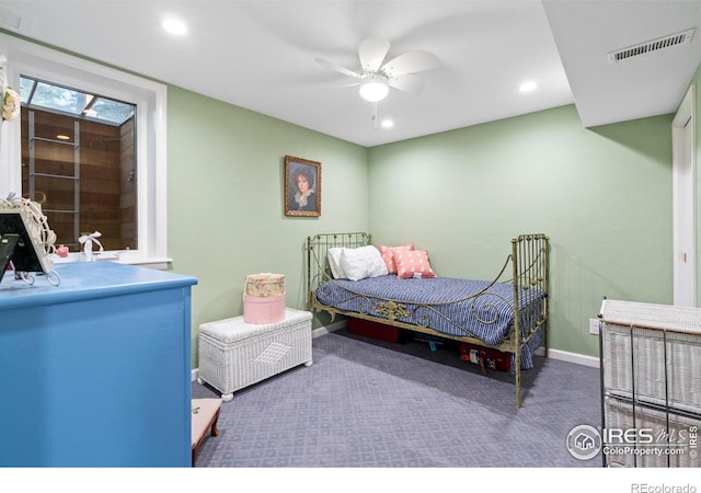 carpeted bedroom featuring ceiling fan