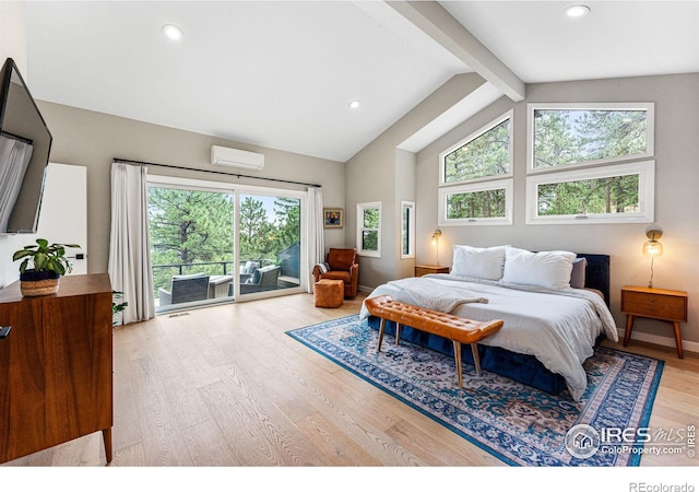 bedroom with multiple windows, vaulted ceiling with beams, access to exterior, a wall mounted AC, and light wood-type flooring