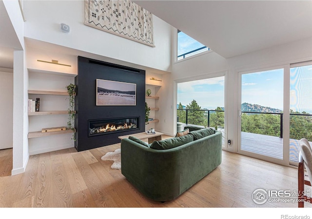 living room featuring built in features and wood-type flooring