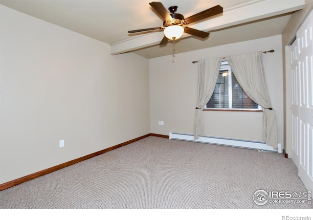 empty room featuring carpet flooring, a baseboard radiator, and ceiling fan