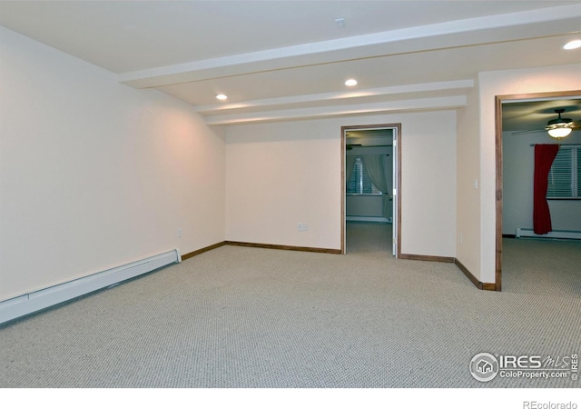 carpeted empty room with a baseboard radiator, ceiling fan, and beam ceiling