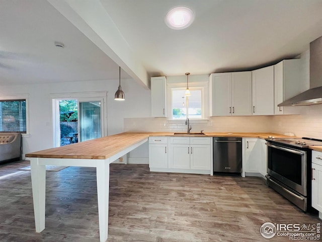 kitchen with stainless steel appliances, butcher block counters, a sink, and tasteful backsplash