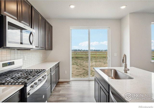 kitchen featuring backsplash, light wood-style flooring, appliances with stainless steel finishes, a sink, and dark brown cabinets