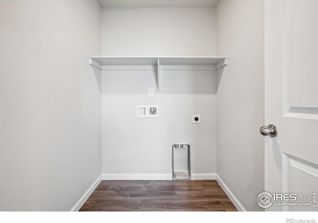 laundry area featuring washer hookup, dark wood finished floors, electric dryer hookup, laundry area, and baseboards