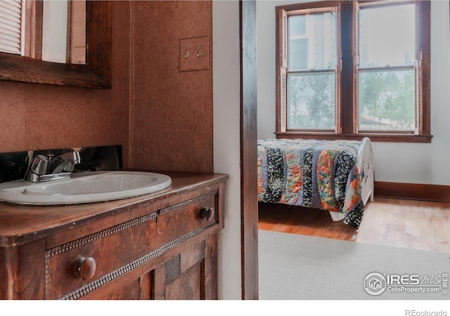 bathroom with vanity and hardwood / wood-style flooring