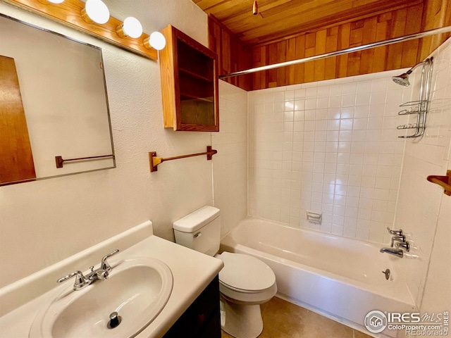 bathroom featuring toilet, wooden ceiling, washtub / shower combination, and vanity