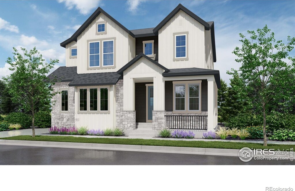 682 Central Park Cir, Superior, CO 80027 - modern farmhouse style home with board and batten siding, roof with shingles, and stone siding