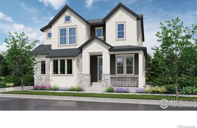 682 Central Park Cir, Superior, CO 80027 - modern farmhouse style home with board and batten siding, roof with shingles, and stone siding