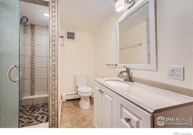 bathroom featuring a shower with door, a baseboard radiator, vanity, and toilet