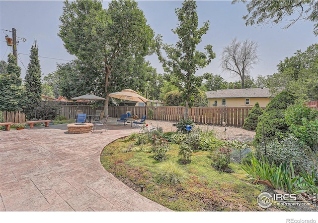 view of yard featuring a patio area and a fire pit