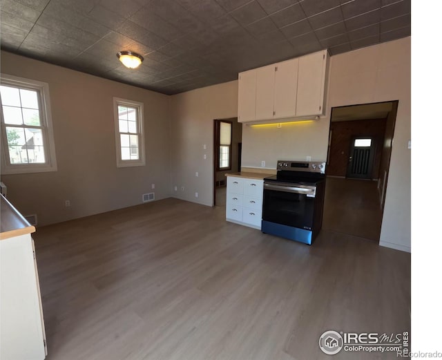 619 Curtis St, Brush, CO 80723 - kitchen featuring stainless steel electric range, light wood-style flooring, and white cabinetry