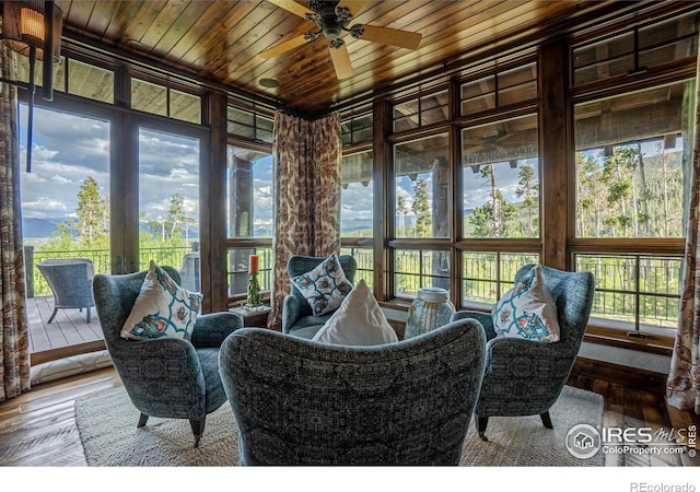 sunroom / solarium featuring a ceiling fan and wood ceiling