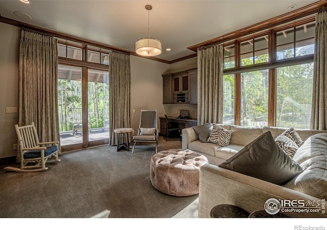 living area with ornamental molding, carpet, and recessed lighting