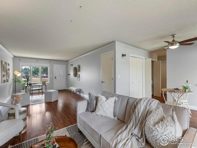 living room with crown molding, dark hardwood / wood-style floors, ceiling fan, and a textured ceiling