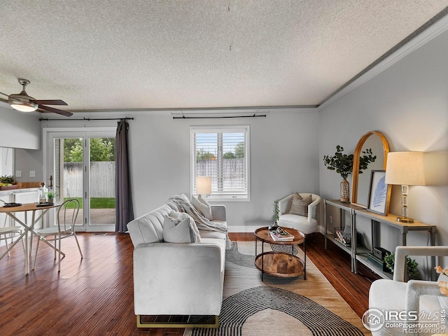 living room featuring dark wood-type flooring, ceiling fan, ornamental molding, and a textured ceiling