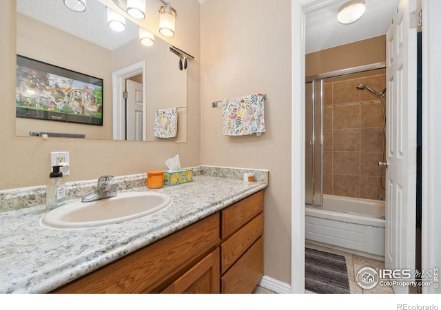 3300 Madison Ave, Boulder, CO 80303 - bathroom with enclosed tub / shower combo, tile patterned floors, and vanity