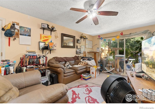 3300 Madison Ave, Boulder, CO 80303 - living area with a textured ceiling, carpet, and ceiling fan