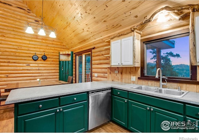 kitchen with rustic walls, kitchen peninsula, light wood-type flooring, and dishwasher