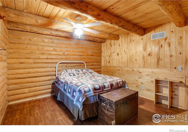 bedroom featuring wooden ceiling, beamed ceiling, log walls, and hardwood / wood-style flooring