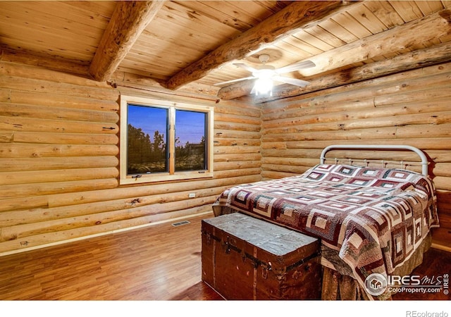 bedroom featuring ceiling fan, wooden ceiling, log walls, beamed ceiling, and wood-type flooring